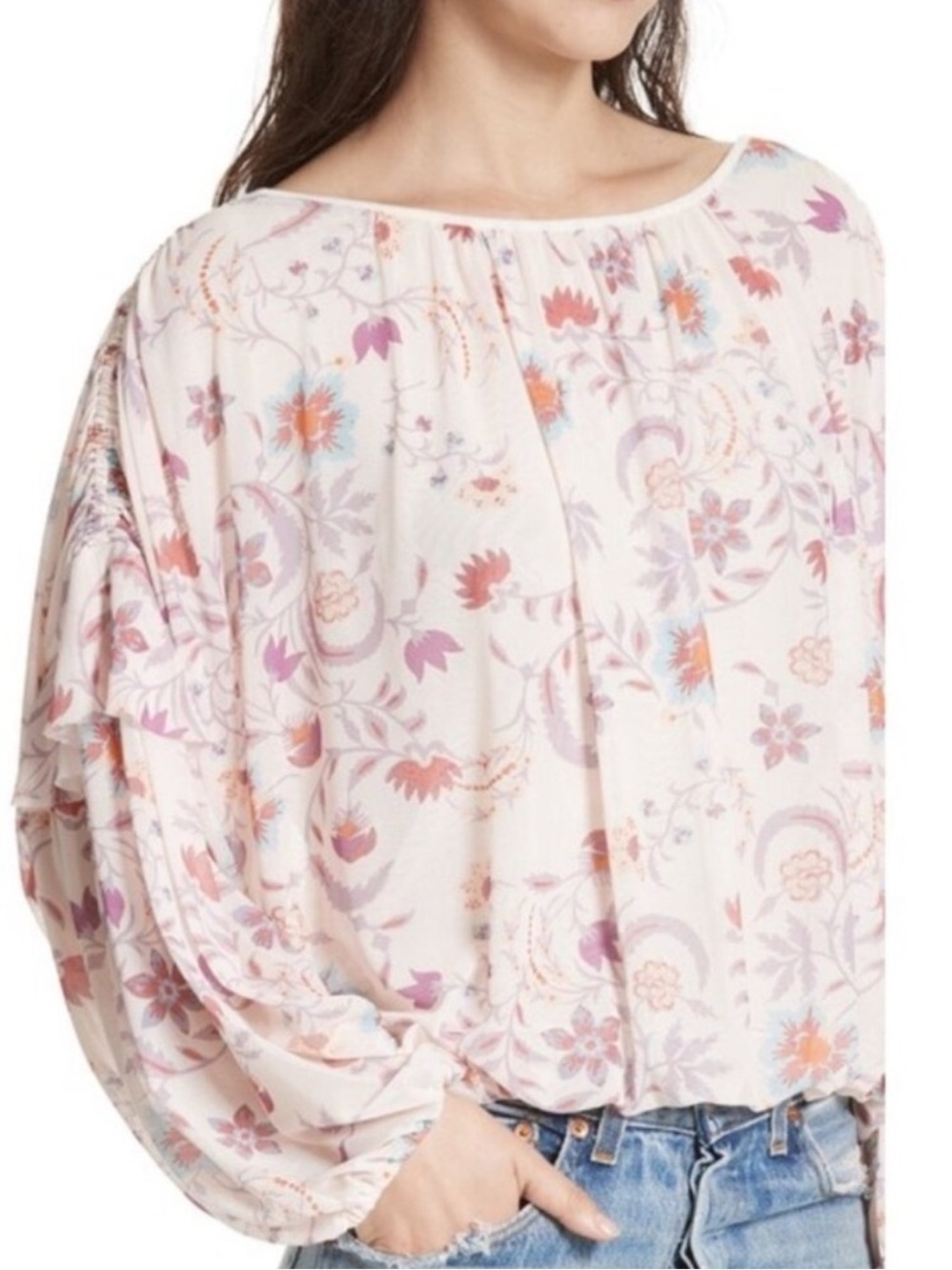 Free people wild flower honey blouse floral balloon sleeves  L cottagecore